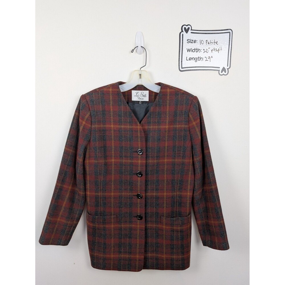 Le Suit Women's Blazer Jacket 10 Petite Red Tartan Plaid Wool Blend